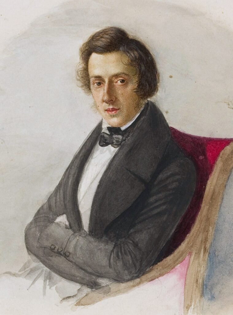 Painting of slight man in tuxedo crossing arms in a red armchair.