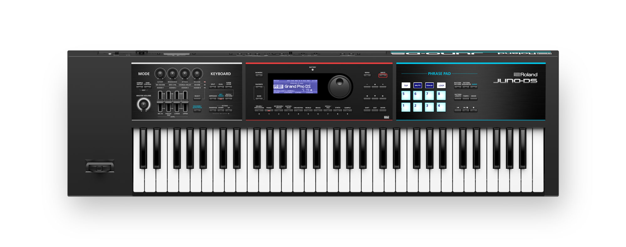 Black piano keyboard with pitch bend wheel, lit up buttons, and sliders.